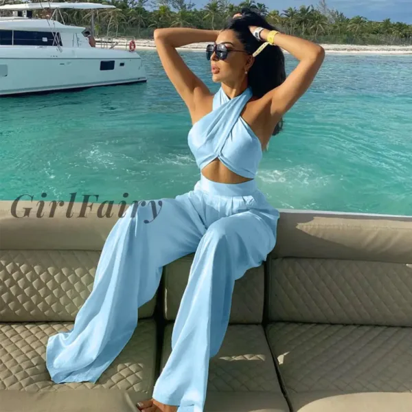 Only 20.86 usd for Girlfairy Back To School Satin Two Piece Sets Women Sexy  Halter Cross Bandage Crop Tops And Wide Leg Pants Suits Female Backless  Outfits Sets Online at the Shop