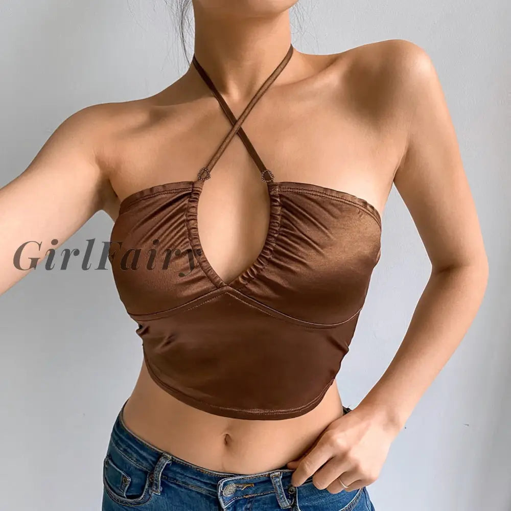 Only 8.62 usd for GirlFairy New GirlFairy Satin Cyber Y2k Brown Crop Top  Women Summer Indie Aesthetics Halter Diamond Tank Tops Camisole 90s Aesthetic  Clothes Streetwear Online at the Shop
